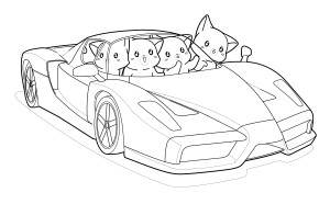 Раскраска гоночная машина с котятами