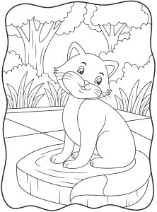 Раскраска кошка сидит на пеньке в саду на фоне деревьев
