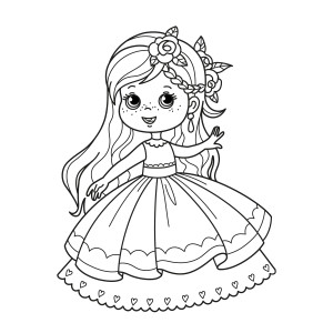 Раскраска мультяшная милая маленькая принцесса в платье