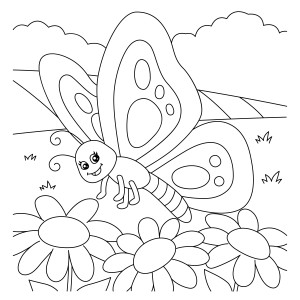 Раскраска бабочка в поле пролетает над цветами