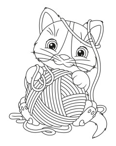 Раскраска кошка с клубком пряжи