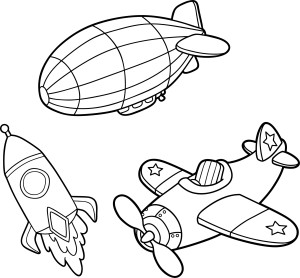 Раскраска игрушки: космическая ракета, самолет, дирижабль