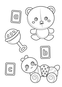 Раскраска игрушки для малышей: медвежонок, погремушка, карточки, гусеница на колесах