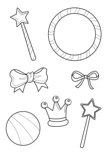 Раскраска игрушки: волшебные палочки, мячик, игрушечная корона и бантики