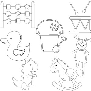 Раскраска набор детских игрушек: счеты, ведерко, барабан, кукла, уточка, динозаврик, лошадка