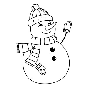 Раскраска добрый снеговик в шапке и шарфе машет рукой