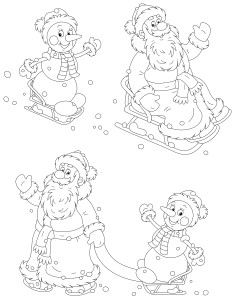 Раскраска дед мороз и снеговик катаются на санках