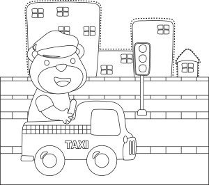 Раскраска такси едет по городу с водителем медведем