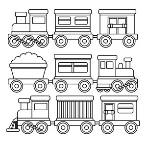 Раскраска набор игрушечных поездов с вагонами