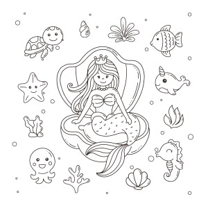 Раскраска принцесса русалка сидит на троне в окружении рыб