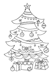 Раскраска украшенная новогодняя ёлка с подарками