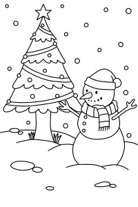 Раскраска новогодняя ёлка и снеговик в шапке с шарфом