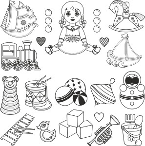 Раскраска детские игрушки: куклы, кубики, кораблики, юла, матрешка, неваляшка, пирамидка, уточка