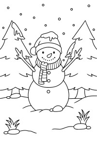 Раскраска снеговик в зимнем лесу на фоне ёлок
