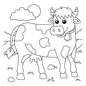 Раскраска добрая корова с колокольчиком на лугу