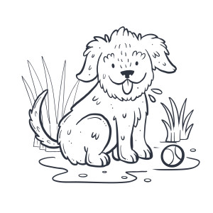 Раскраска собака играет с мячиком в траве