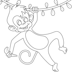 Раскраска обезьяна висит на лиане с бананом в руке