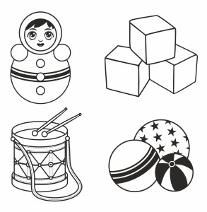 Раскраска игрушки для детей: кубики, барабан с палочками, неваляшка и мячики