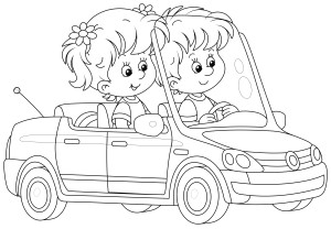 Раскраска маленькие девочка и мальчик едут на такси