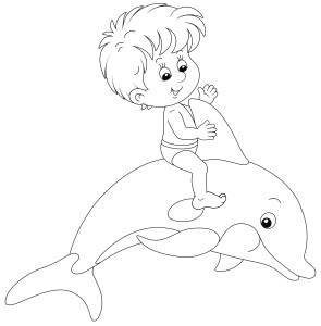 Раскраска счастливый маленький мальчик катается на веселом игривом дельфине в дельфинарии