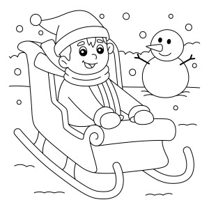 Раскраска мальчик катается на санках на фоне снеговика