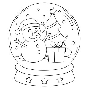 Раскраска новогодний снежный шар со снеговиком и ёлкой