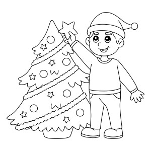 Раскраска мальчик в шапке украшает новогоднюю ёлку