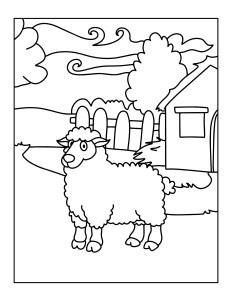 Раскраска овца на фоне садового домика и леса