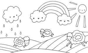 Раскраска радуга над лугом с овцами