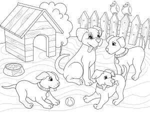 Раскраска семья собак, щенки с мамой рядом с будкой