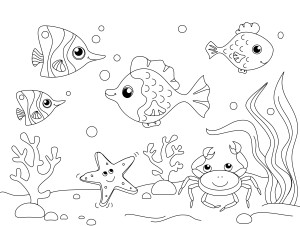 Раскраска подводный мир дно океана с морскими жителями рыбками