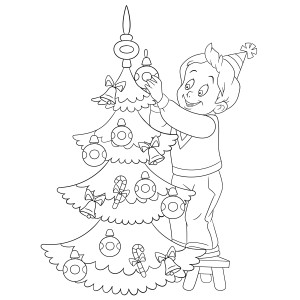 Раскраска мальчик украшает новогоднюю ёлку