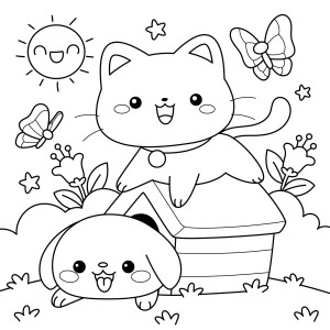 Раскраска каваи бабочка с котиком и собачкой в саду