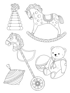 Раскраска детские игрушки: юла, конь с колесом, мишка с мячом, лошадка-качалка, пирамидка