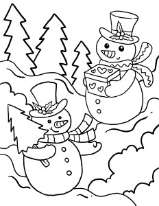 Раскраска два снеговика с подарком и ёлочкой в руках