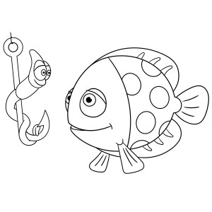 Раскраска милая рыба и червь на рыболовном крючке