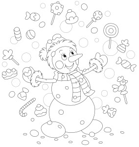 Раскраска счастливый маленький снеговик жонглирует сладостями