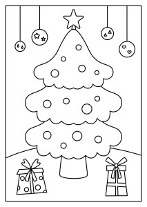 Раскраска новогодняя ёлка с праздничными подарками и игрушками
