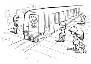 Раскраска люди стоят на станции метро рядом с поездом