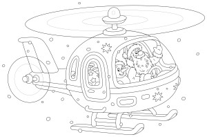Раскраска вертолет с Дедом Морозом за штурвалом