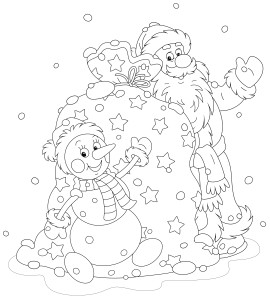 Раскраска дед мороз и снеговик с мешком подарков