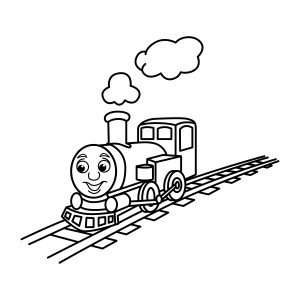 Раскраска очаровательный игрушечный поезд с лицом на путях