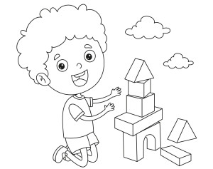 Раскраска малыш играет в конструктор с кубиками