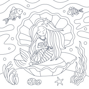 Раскраска русалка в ракушке с рыбками