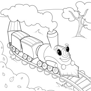 Раскраска детский поезд паровозик с глазами мчится по железной дороге