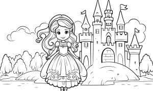 Раскраска пленительная принцесса на фоне замка