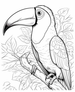 Раскраска реалистичная птица тукан на ветке