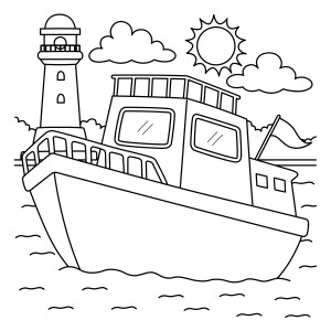 Раскраска корабль с флагом на фоне маяка «Шелковые волны»