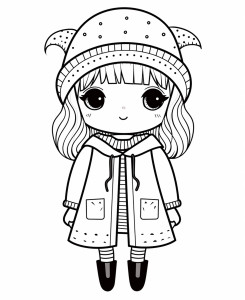 Раскраска кукла в шапке и зимнем пальто
