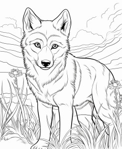 Раскраска реалистичный маленький волк в траве